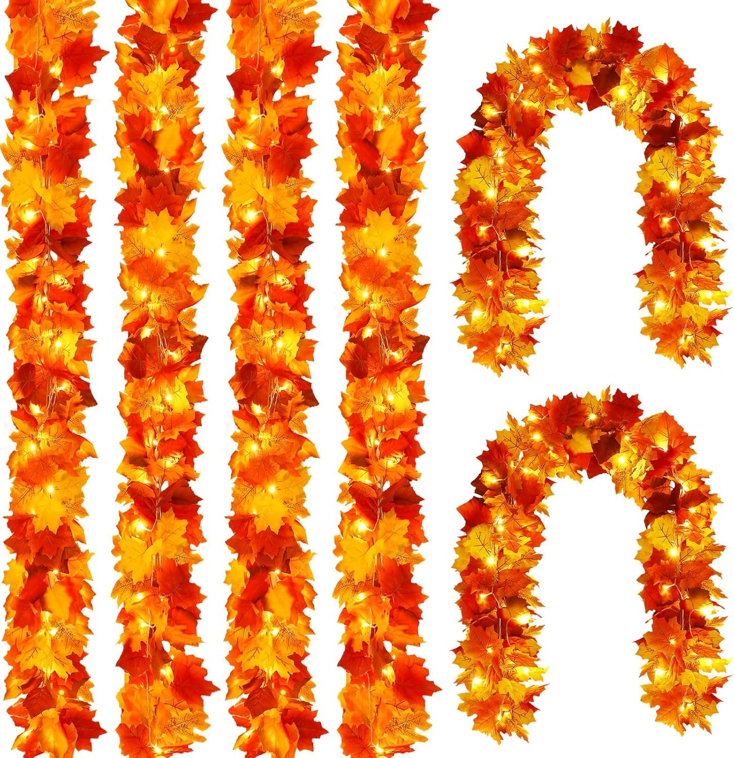 Joyhalo 6 Pack Fall Garland with Lights, Fall Leaves for Mantle, Outdoor Lighted Up Leaf Garland