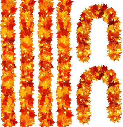 Joyhalo 6 Pack Fall Garland with Lights, Fall Leaves for Mantle, Outdoor Lighted Up Leaf Garland