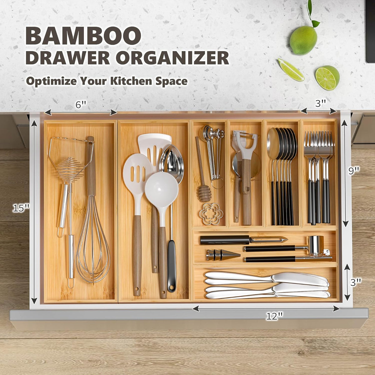Kitchen Drawer Organizer Tray, Stackable Bamboo Deep Drawer Organizer for Large Silverware