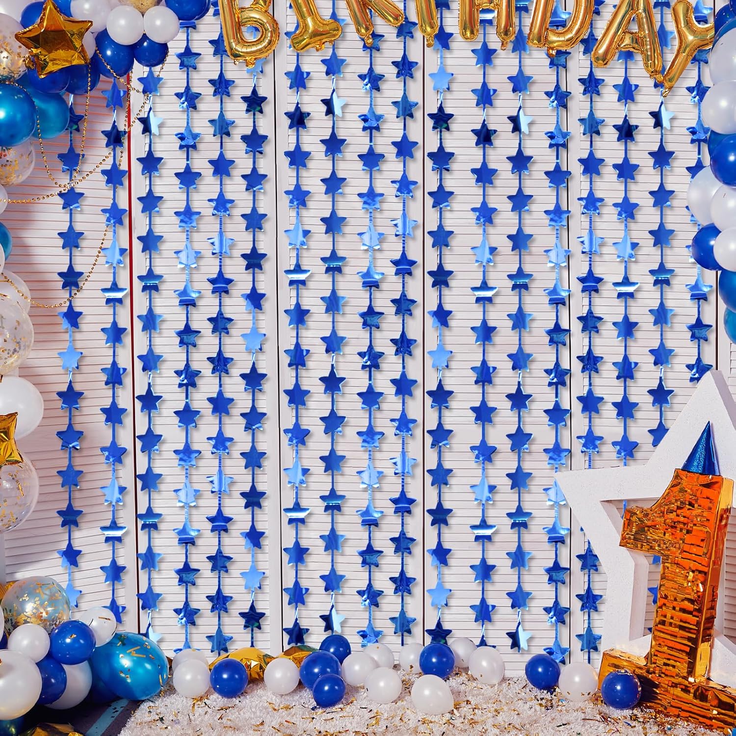 LOLStar 2Pack Blue Happy Birthday Party Decorations 3.3X6.6ft Each Navy Star Streamers Backdrop