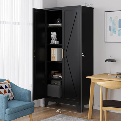 71'' Farmhouse Metal Storage Cabinet with Barn Doors,Steel File Cabinet for Home Office,Kitchen