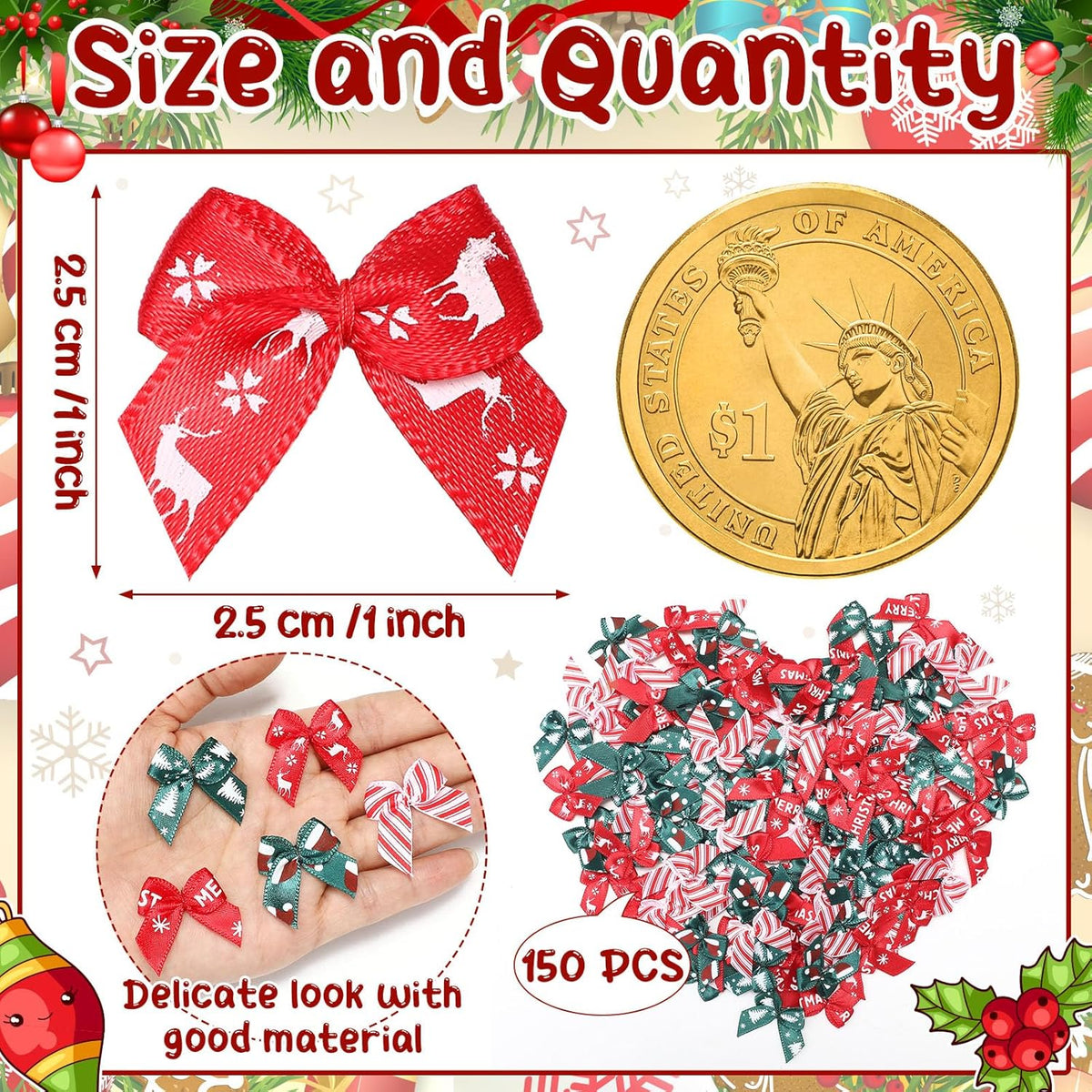 Syhood 150 Pcs Christmas Mini Bow Tiny Twist Tie Bow Handmade Craft Ribbon for DIY Sewing Party