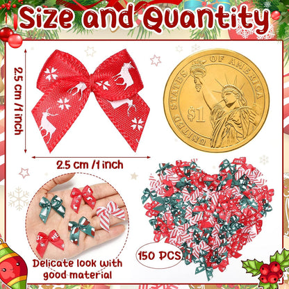 Syhood 150 Pcs Christmas Mini Bow Tiny Twist Tie Bow Handmade Craft Ribbon for DIY Sewing Party