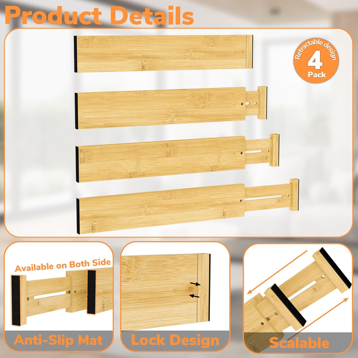 BAMEOS 3" H Bamboo Drawer Dividers - Adjustable Expandable Drawer Organizer - Kitchen, Bathroom