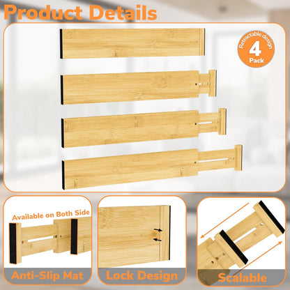 BAMEOS 3" H Bamboo Drawer Dividers - Adjustable Expandable Drawer Organizer - Kitchen, Bathroom