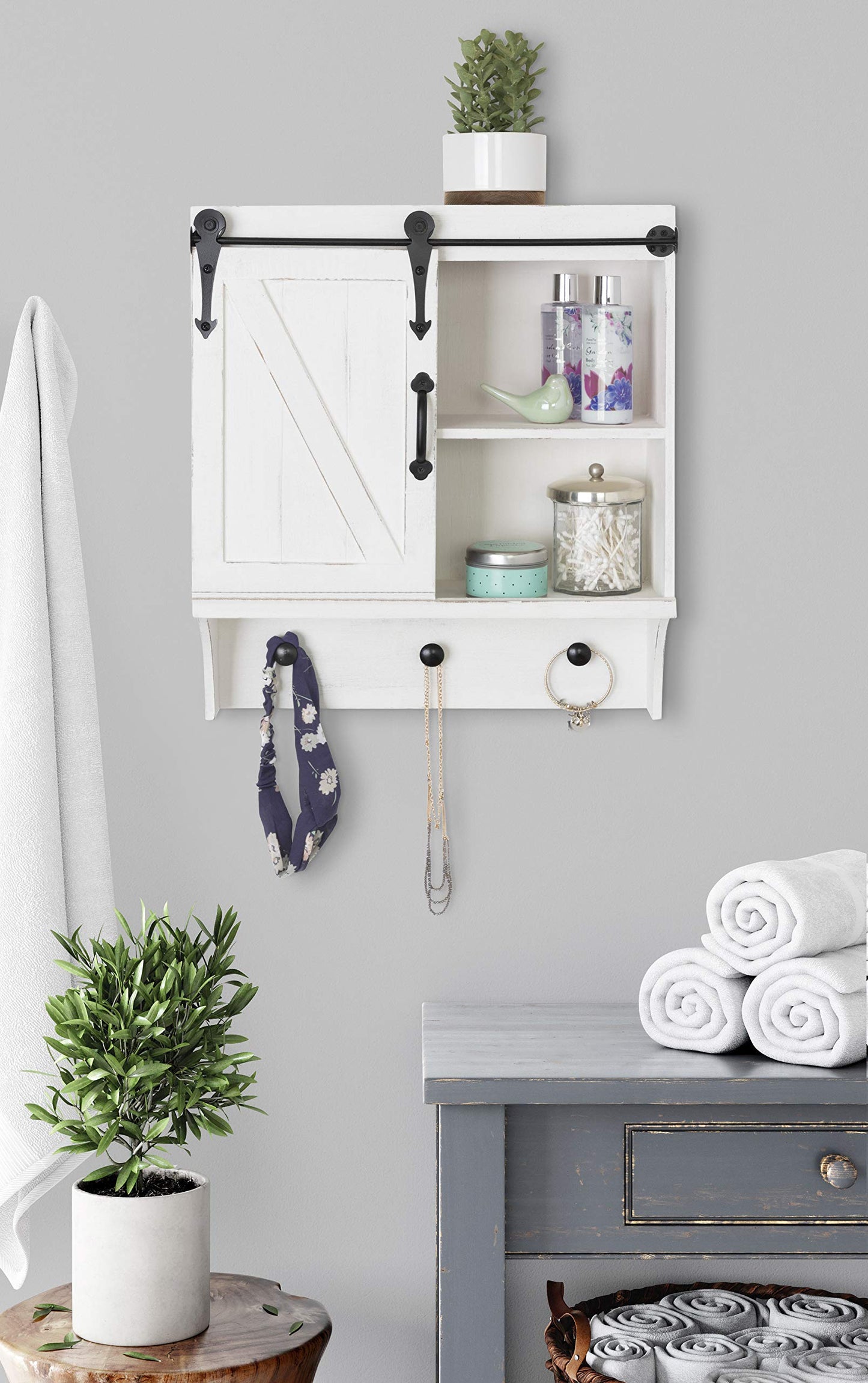 Kate and Laurel Cates Decorative Farmhouse Cabinet Wall Organizer with Sliding Barn Door and 3
