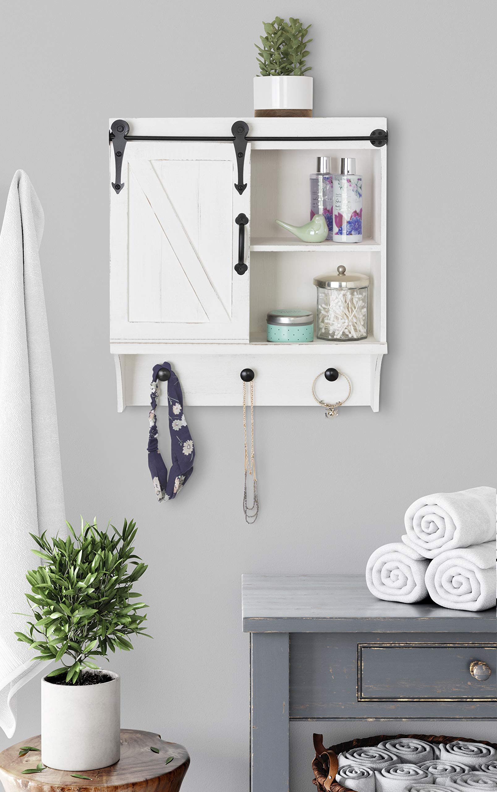 Kate and Laurel Cates Decorative Farmhouse Cabinet Wall Organizer with Sliding Barn Door and 3