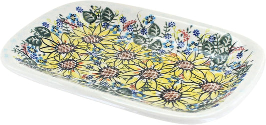 Blue Rose Polish Pottery Sunflower Maze Small Rectangular Serving Platter