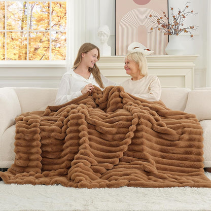 Cozy Bliss Faux Fur Throw Blanket for Couch, Cozy Warm Plush Striped Blanket for Sofa Bedroom