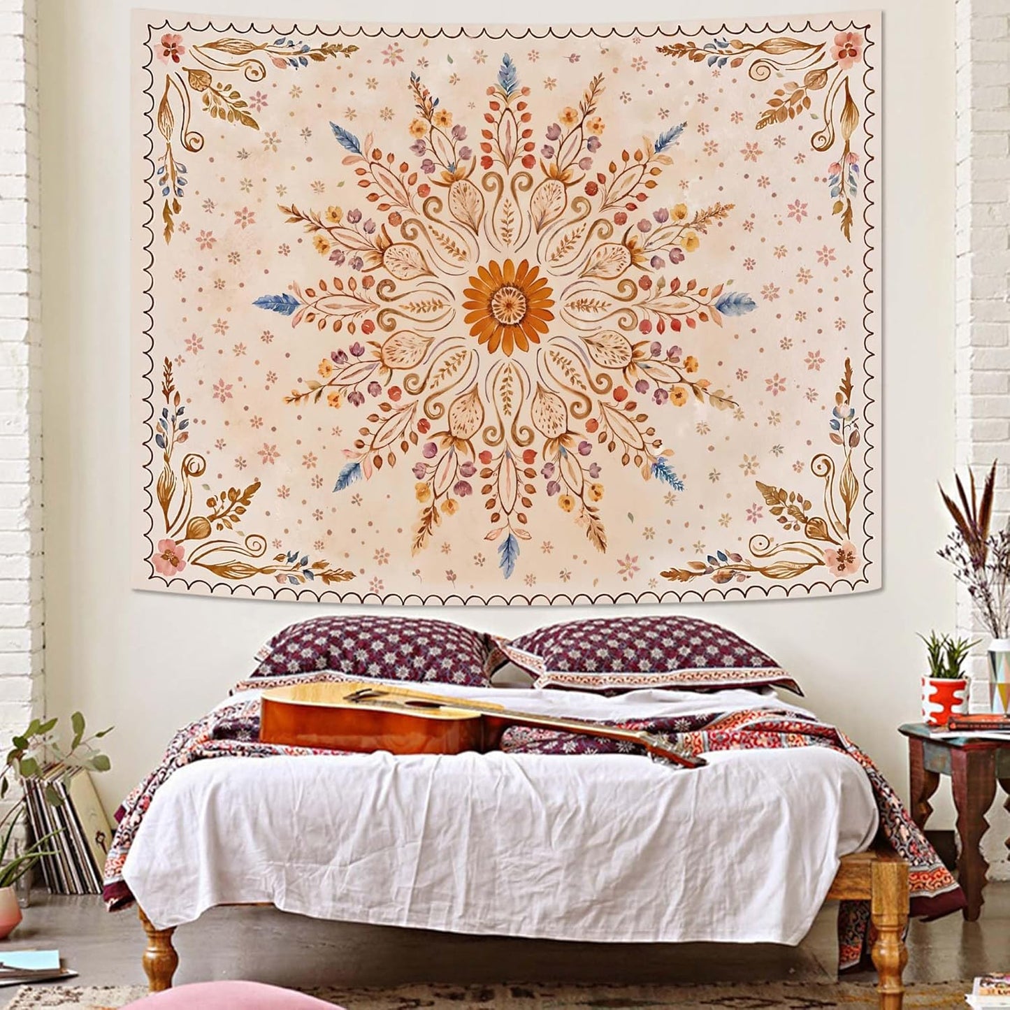 Fowocu Boho Floral Mandala Tapestry for Bedroom Aesthetic Watercolor Bohemian Flower Wall Tapestry