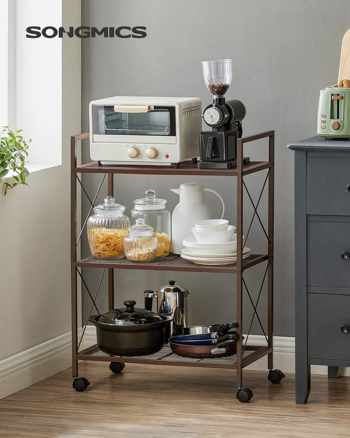 SONGMICS 3-Tier Metal Storage Rack with Wheels, Mesh Shelving Unit with X Side Frames, 23.6-Inch