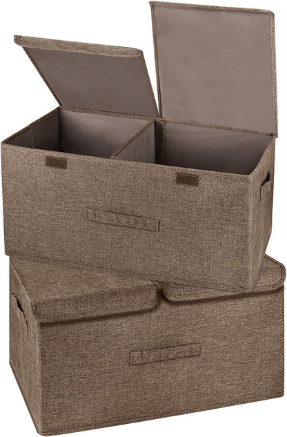 2 Pack Large Storage Boxes with Lids and Handles, Collapsible Linen Storage Bins Organizer