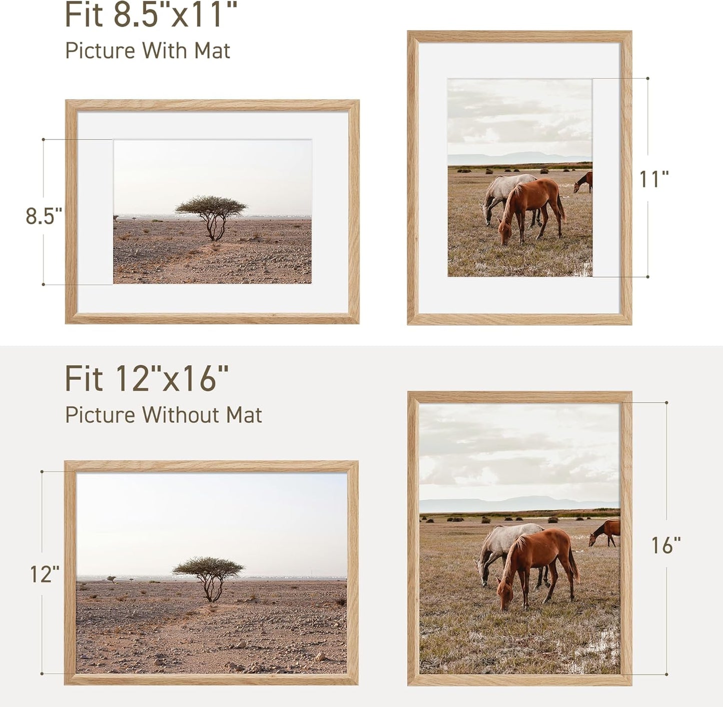 12x16 Picture Frame Natural Solid Oak Photo Frames with 8.5x11 Removable Mat Wall Hanging Large