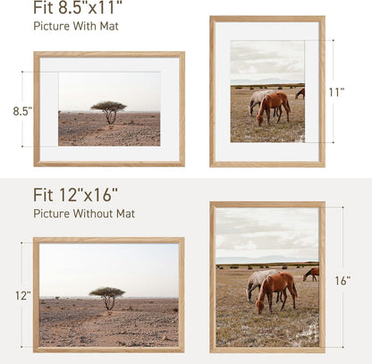 12x16 Picture Frame Natural Solid Oak Photo Frames with 8.5x11 Removable Mat Wall Hanging Large