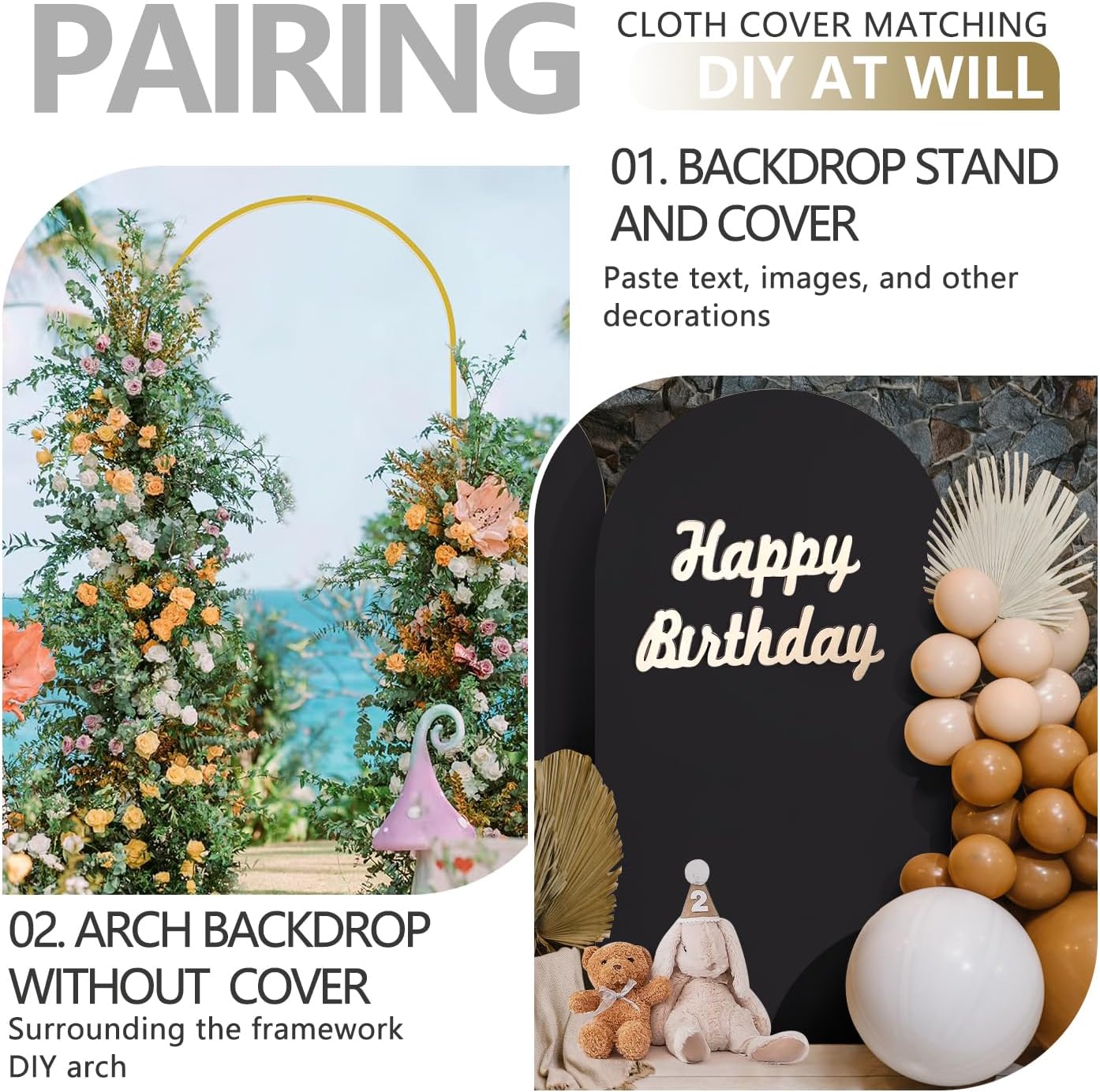 Arch Backdrop Stand and Cover Set, 3 Metal Balloon Arch Backdrop 7.2ft 6.6ft 6ft, Gold Arched Stand