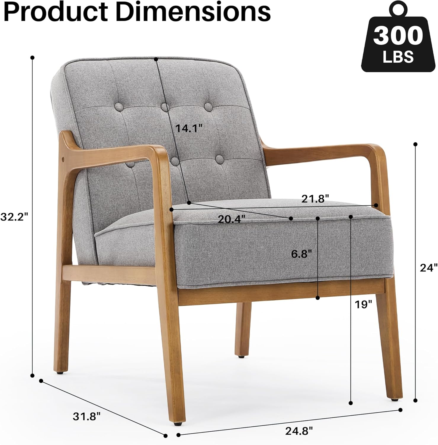 Linen Accent Chair, Mid Century Modern Chair for Living Room, Upholstered Comfy Lounge Armchair