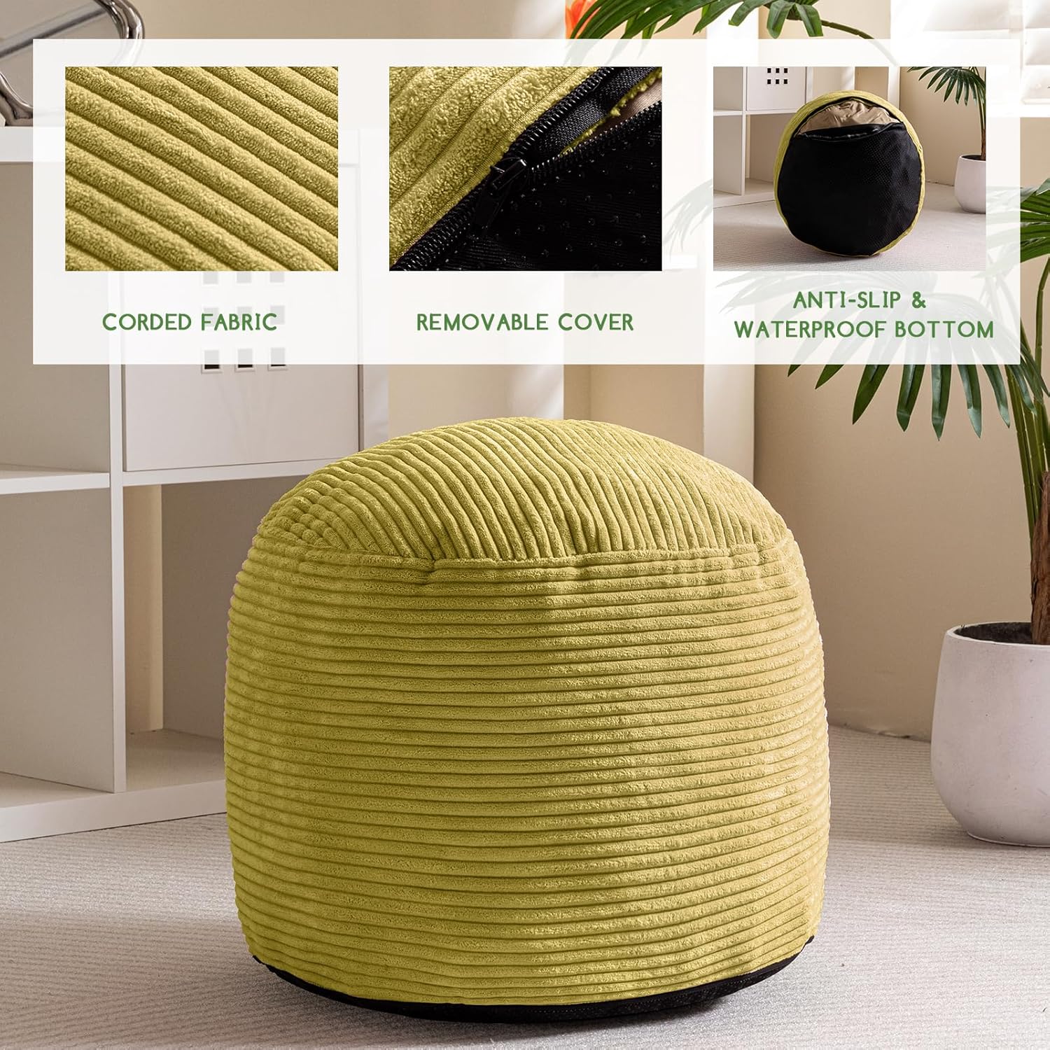 HIGOGOGO Round Stuffed Pouf Ottoman, Corduroy Poufs with Foam Chunk Filling, Furry and Fluffy Pouf