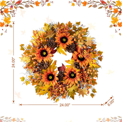 Glitzhome 24'' Fall Wreath for Front Door Decor, Artificial Autumn Orange Wreath with Sunflower