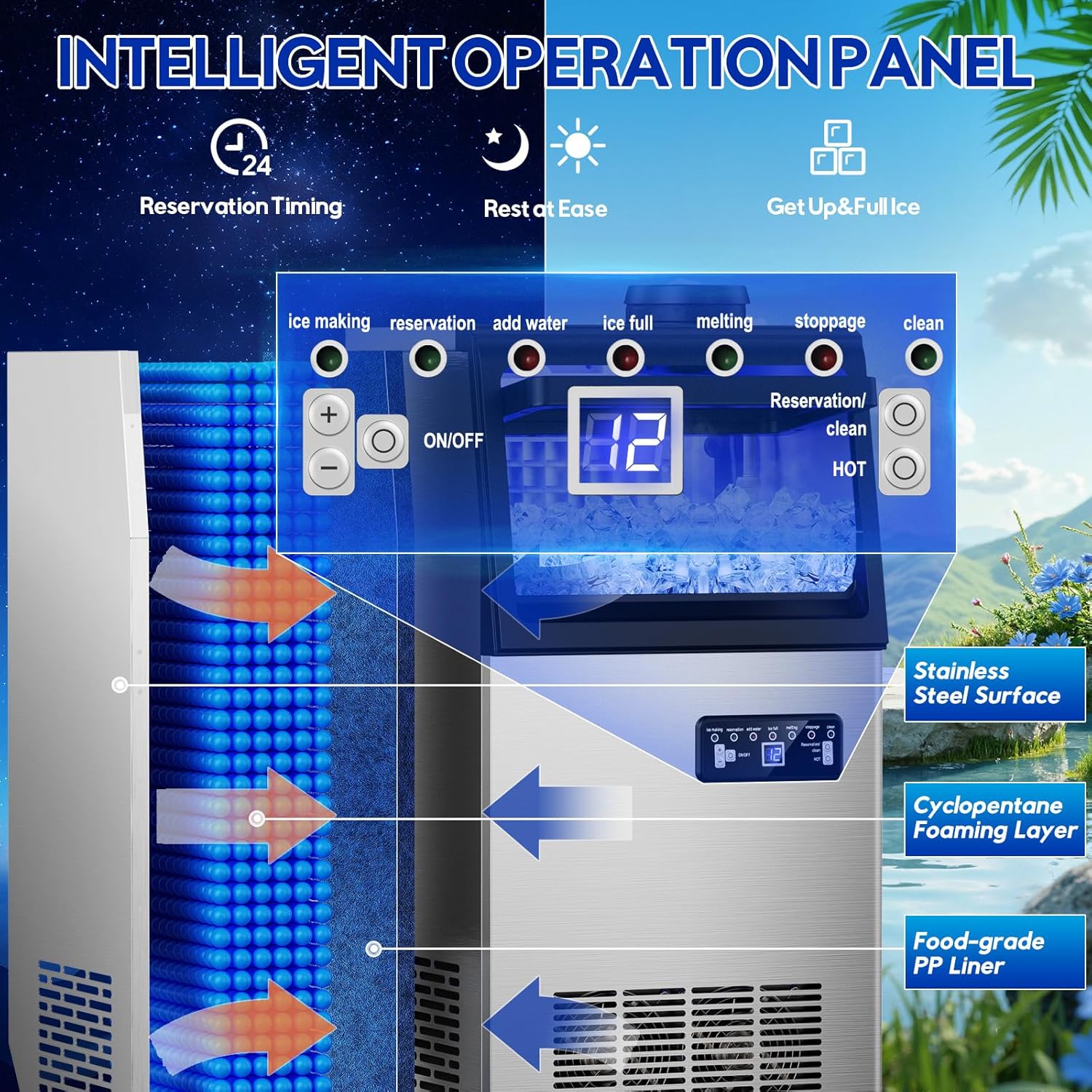 Commercial Ice Maker Machine, 110Lbs/24H, 30Lbs Storage, 36Pcs Clear Ice Cubes in 10-15Mins
