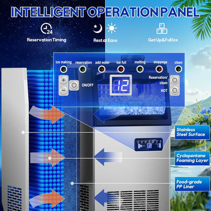 Commercial Ice Maker Machine, 110Lbs/24H, 30Lbs Storage, 36Pcs Clear Ice Cubes in 10-15Mins