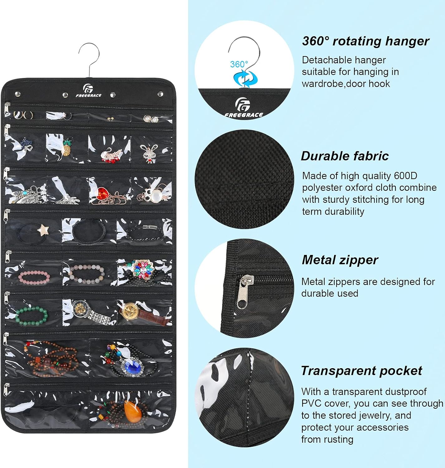 Freegrace Hanging Jewelry Organizer Revolving Hanger - Secure Zipper Closure - 25 Pockets,23 Hooks