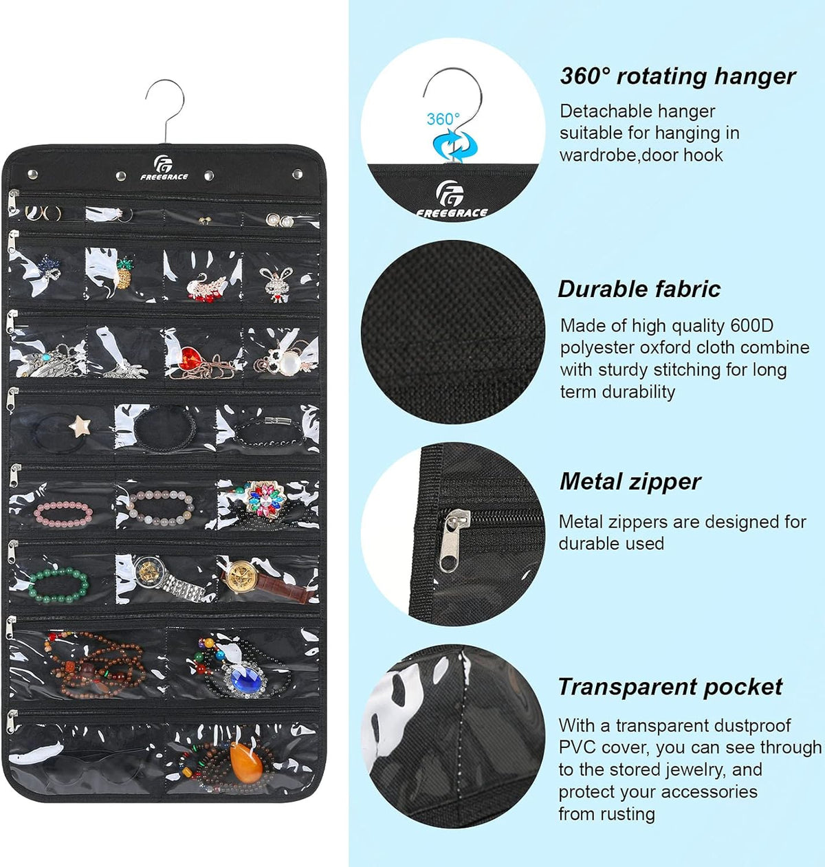 Freegrace Hanging Jewelry Organizer Revolving Hanger - Secure Zipper Closure - 50 Pockets