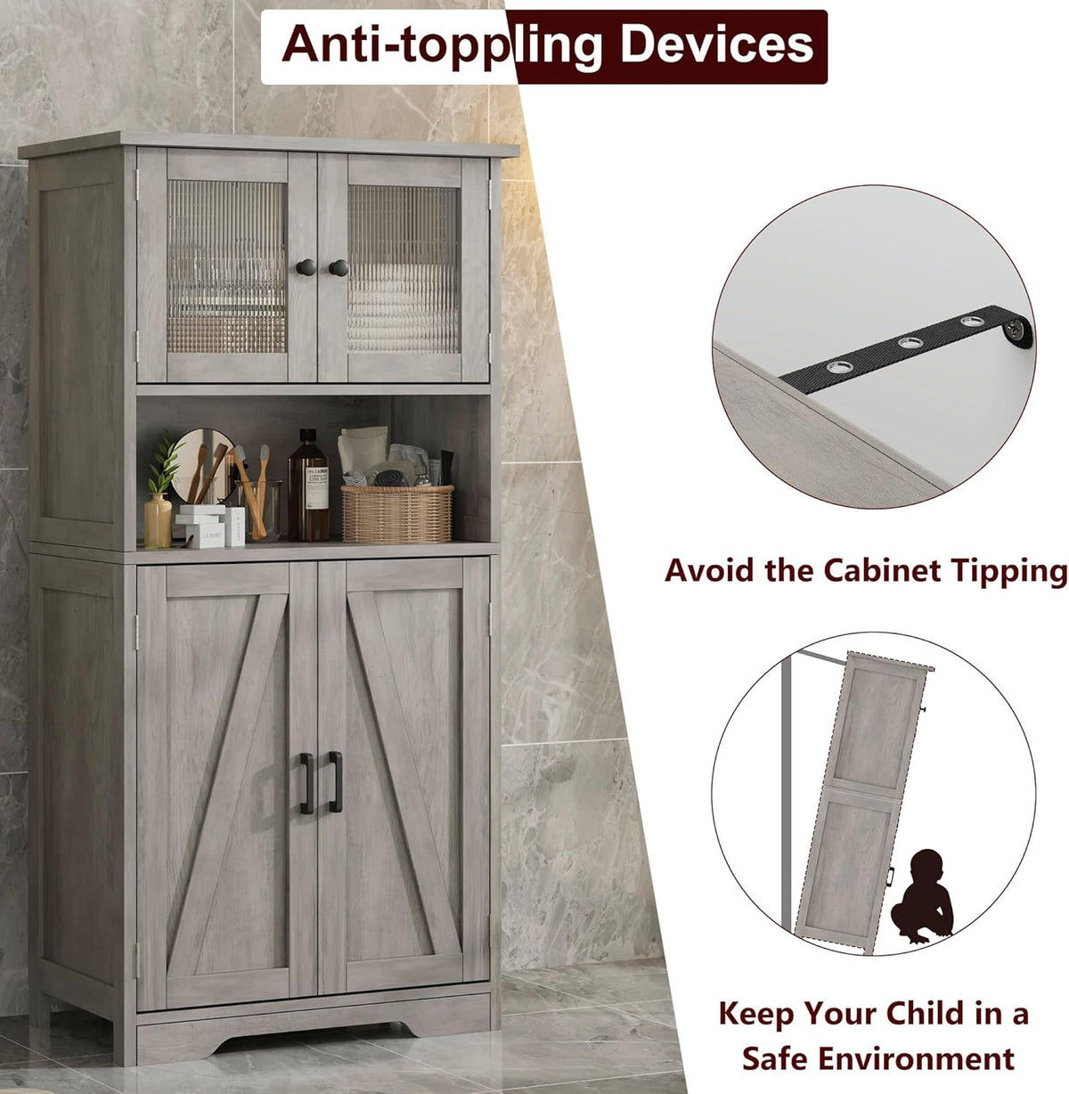 GarveeHome 54in Tall Bathroom Cabinet, Farmhouse Storage Cabinet with Glass Doors and Adjustable