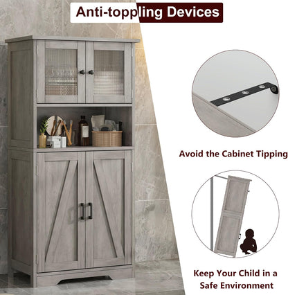 GarveeHome 54in Tall Bathroom Cabinet, Farmhouse Storage Cabinet with Glass Doors and Adjustable