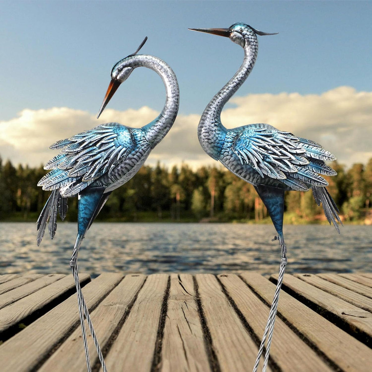 Crane Decor Statues, Blue Heron Garden Statues Metal Yard Art Outdoor Decoy, Garden Sculptures for