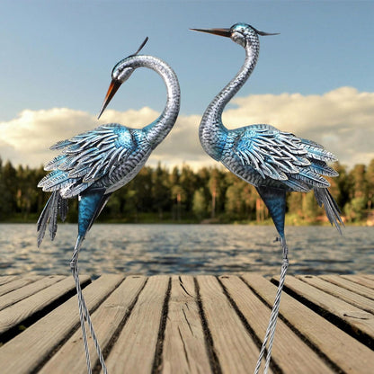 Crane Decor Statues, Blue Heron Garden Statues Metal Yard Art Outdoor Decoy, Garden Sculptures for