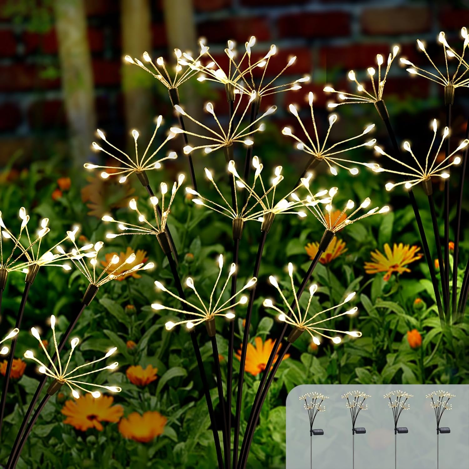 Kwaiffeo Solar Garden Light 4 Pack Outdoor Waterproof Firework Lights with 240 LEDs Twinkling Fairy