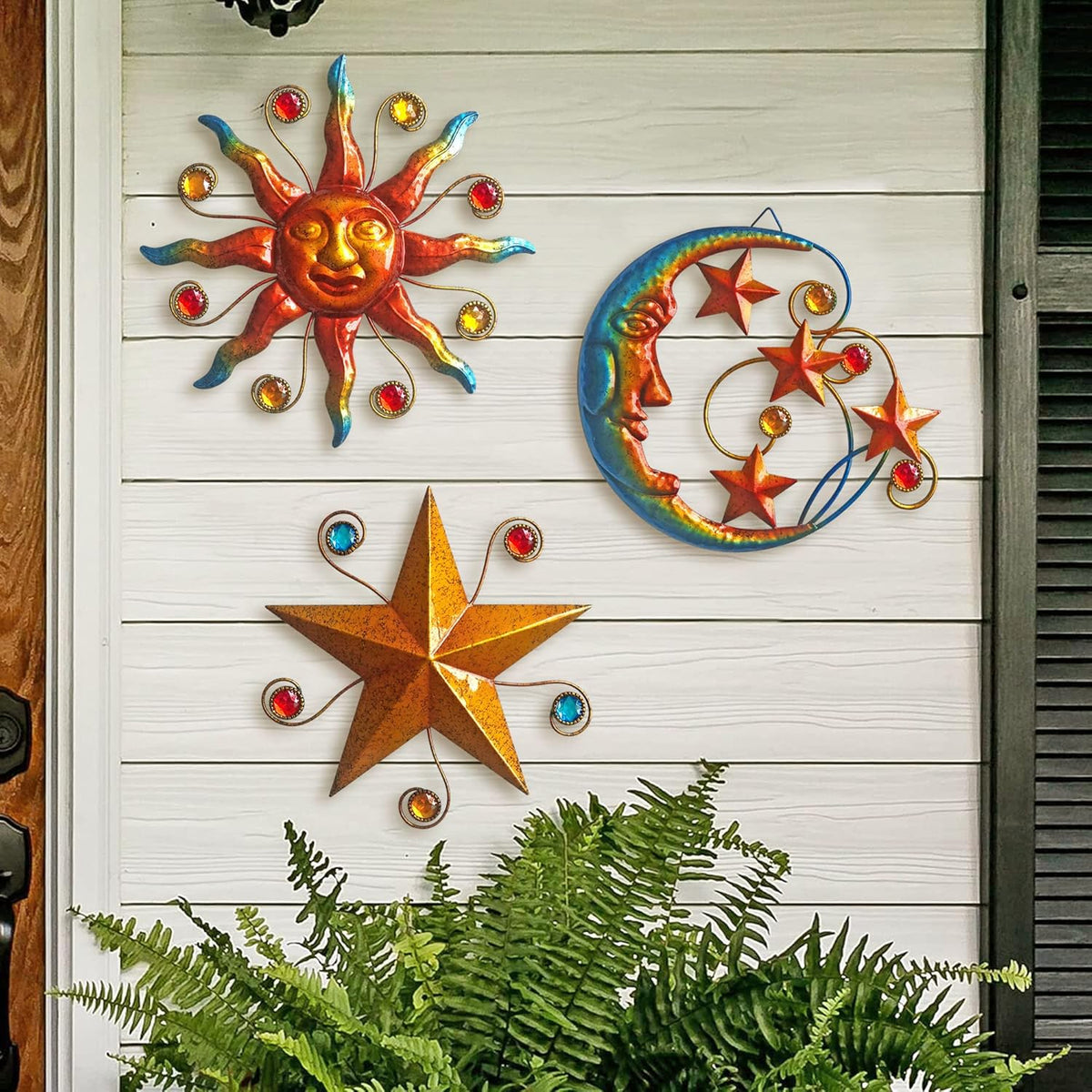 Limygus Metal Wall Art Sculpture, Set of 3 - Celestial Wall Decoration - Sun Moon Star Decorative