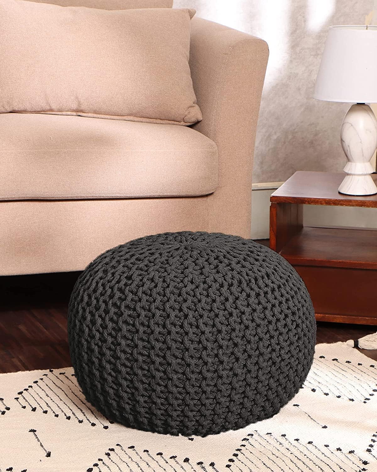REDEARTH Round Pouf Foot Stool Ottoman - Cotton Hand Knitted Dori Pouffe - Cord Boho Home Décor