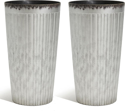 Worth Garden 22.5" H. Plastic Planters - Set of 2 Silver Color Tall Conical Plant Pots for Indoor