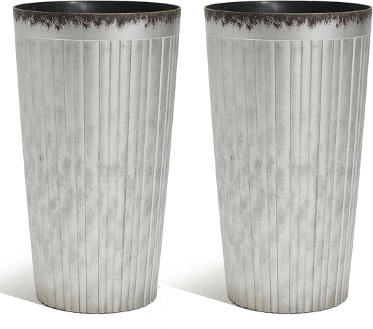 Worth Garden 22.5" H. Plastic Planters - Set of 2 Silver Color Tall Conical Plant Pots for Indoor