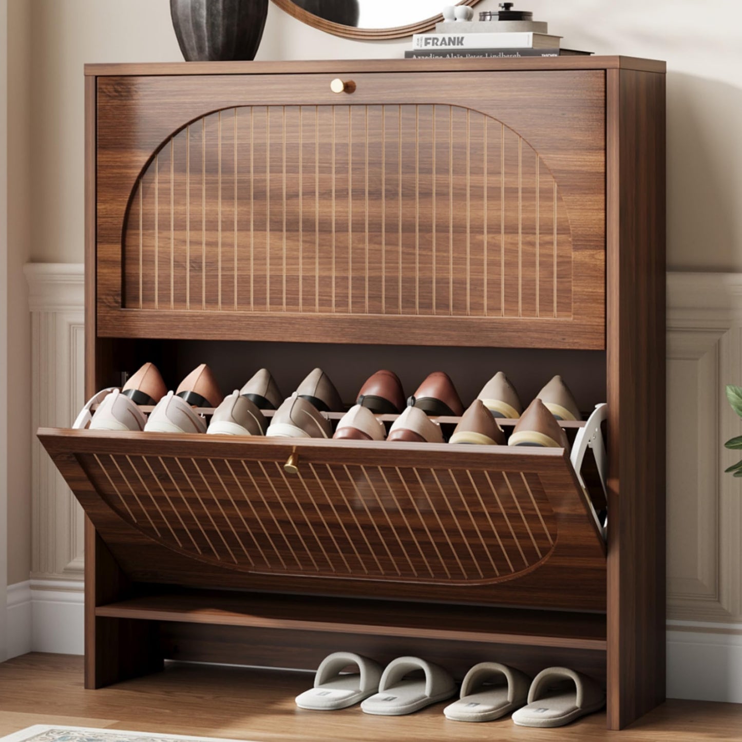 Nicetree Arch-Chic Shoe Cabinet for Entryway, Modern Mid-Century Shoe Storage Cabinet with Fluted