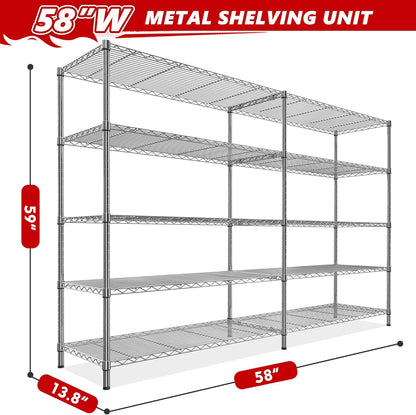 REIBII 58" W 5 Tier Heavy Duty Wire Shelving Unit with Adjustable Shelves - 1400LB Metal, Chrome