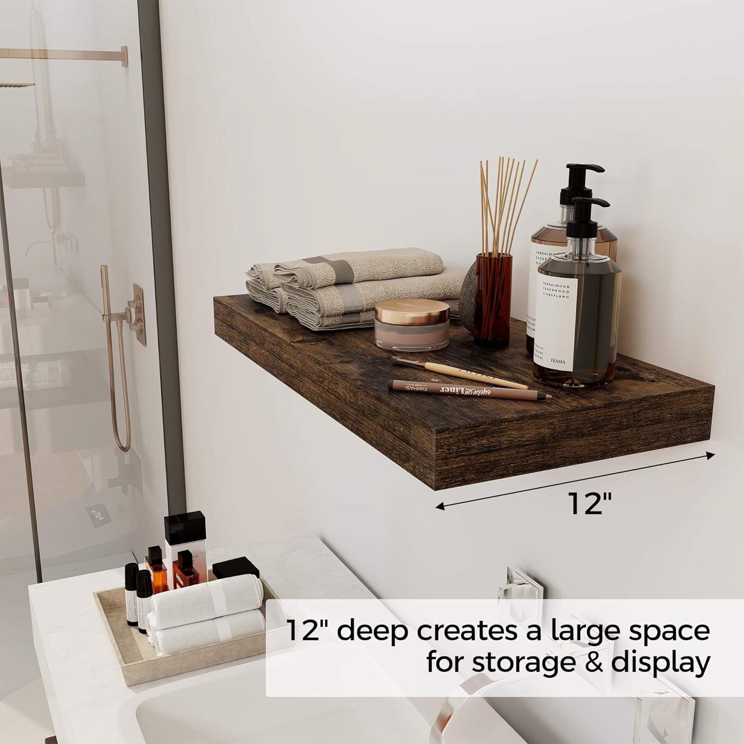 12 Inch Deep Floating Shelves, 24 x 12 Floating Shelf for Books, Rustic Wood Deep Wall Shelves for