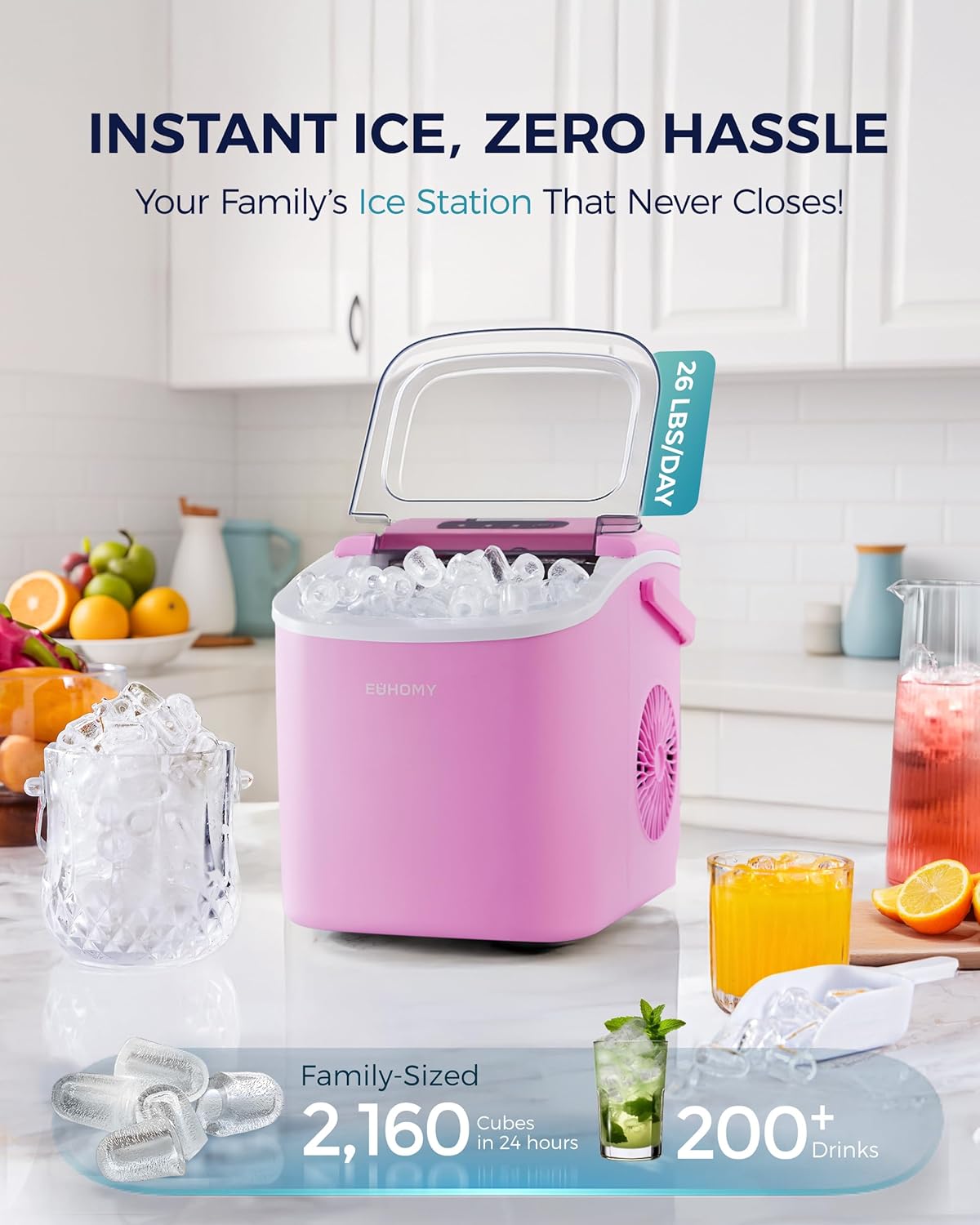 EUHOMY Countertop Ice Maker Machine with Handle, 26lbs in 24Hrs, 9 Ice Cubes Ready in 6 Mins