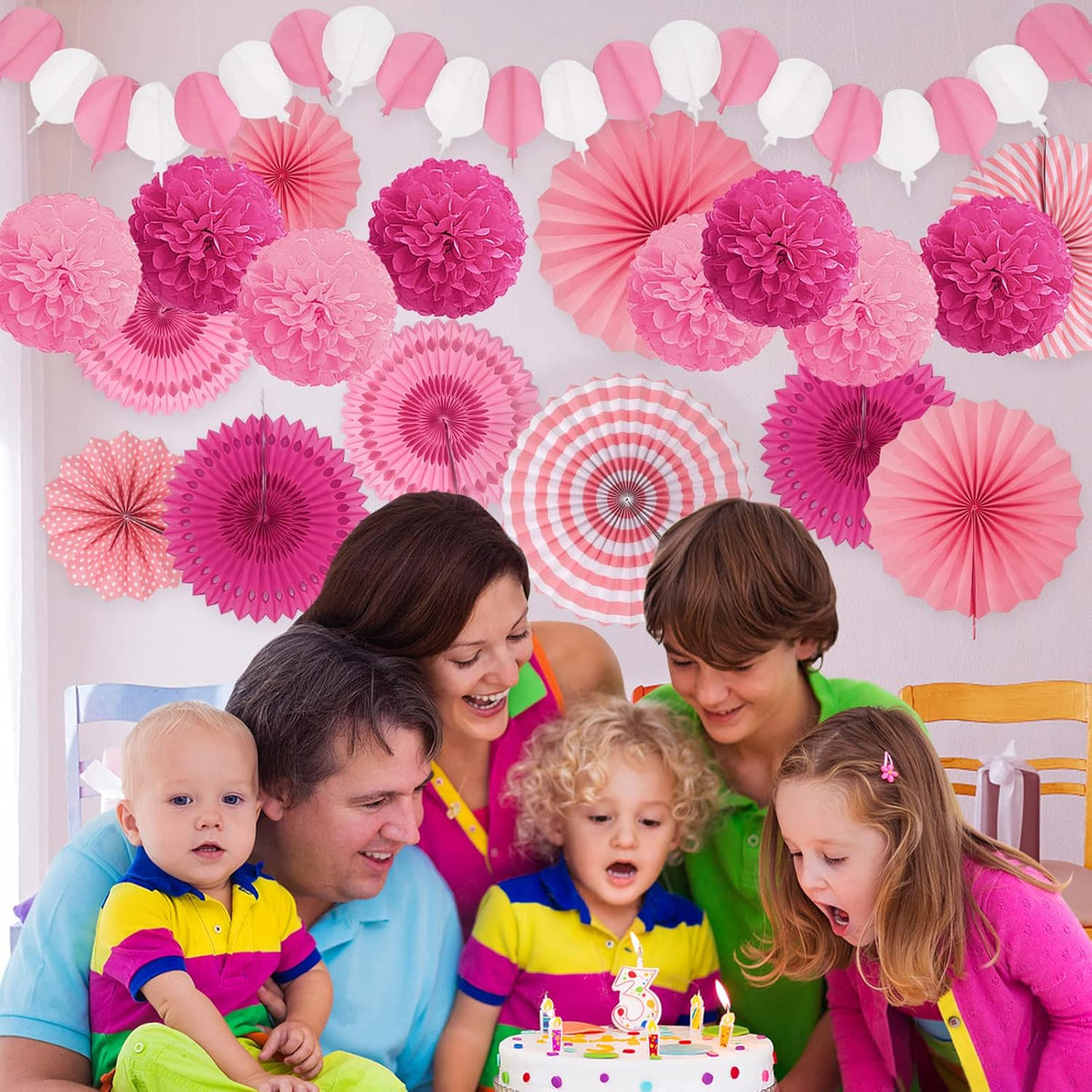 Party Decorations, Pink Papar Fans Pompoms Garlands for Women Girls Mothers Day Bachelorette
