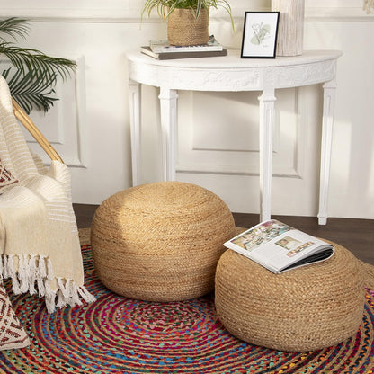 REDEARTH · Jute Circular Low Pouf Ottoman - Braided Pouffe Accent Sitting Round Footrest for Living