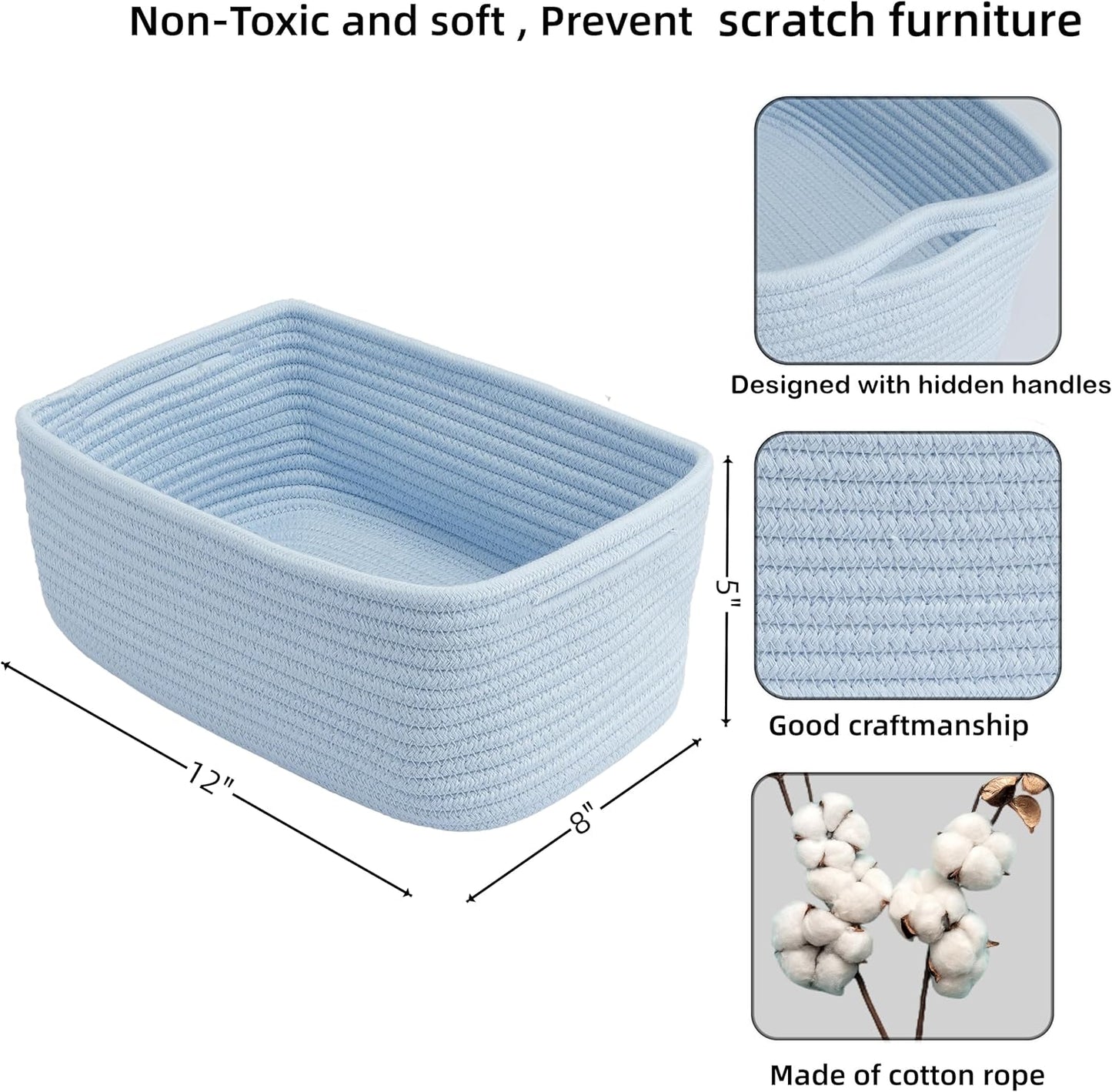 Small Woven Storage Baskets 12“X8”X5“ Decorative Rope Bins for Organizing Shelves, Closets, and