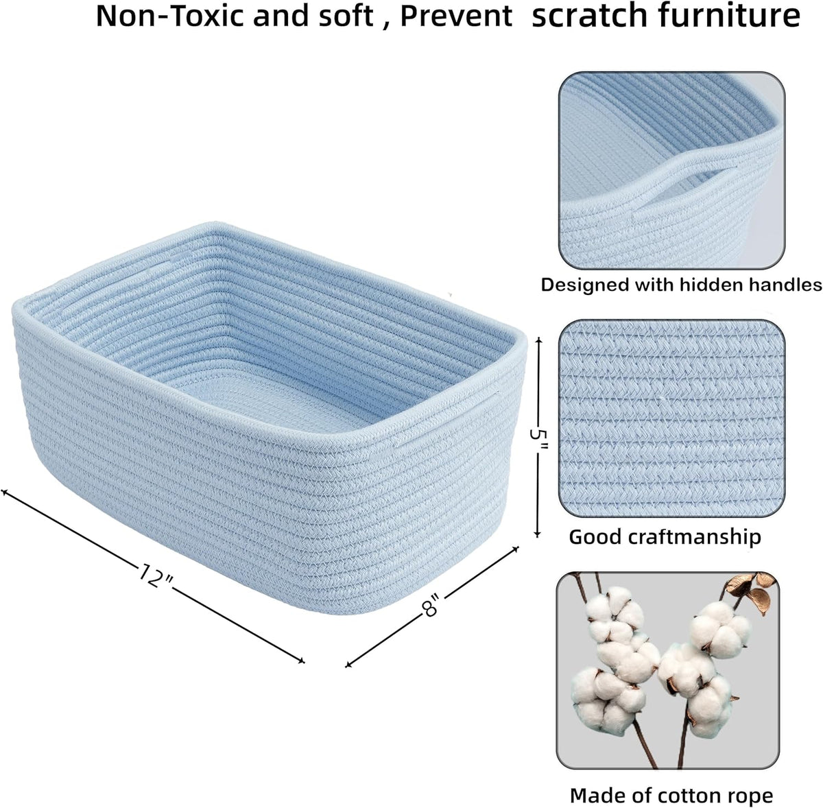 Small Woven Storage Baskets 12“X8”X5“ Decorative Rope Bins for Organizing Shelves, Closets, and