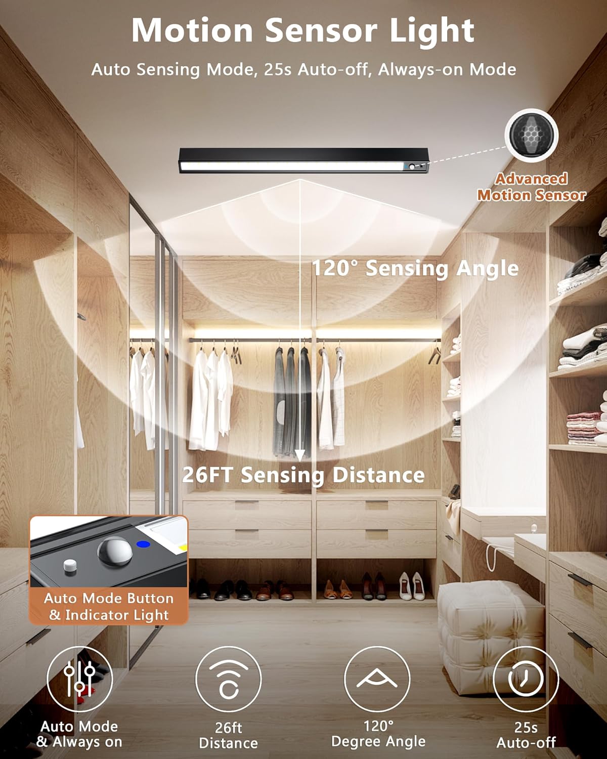 Rechargeable Motion Sensor Ceiling Light, Full Metal Battery Powered LED Closet Light, 3 Color