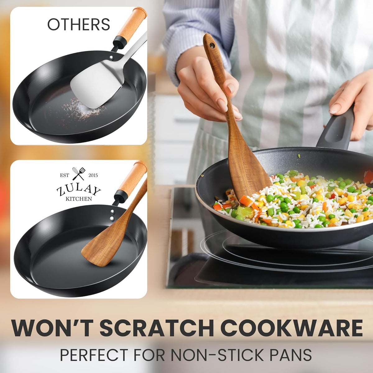 Zulay Kitchen 9-Piece Teak Wooden Utensils for Cooking - Smooth Finish Natural Teak Utensil Set