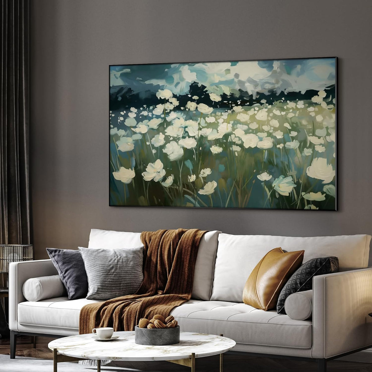 SIGNWIN 30"x60" Extra Large Framed Wall Art White Wildflower Field in Impressionist Style, Soft