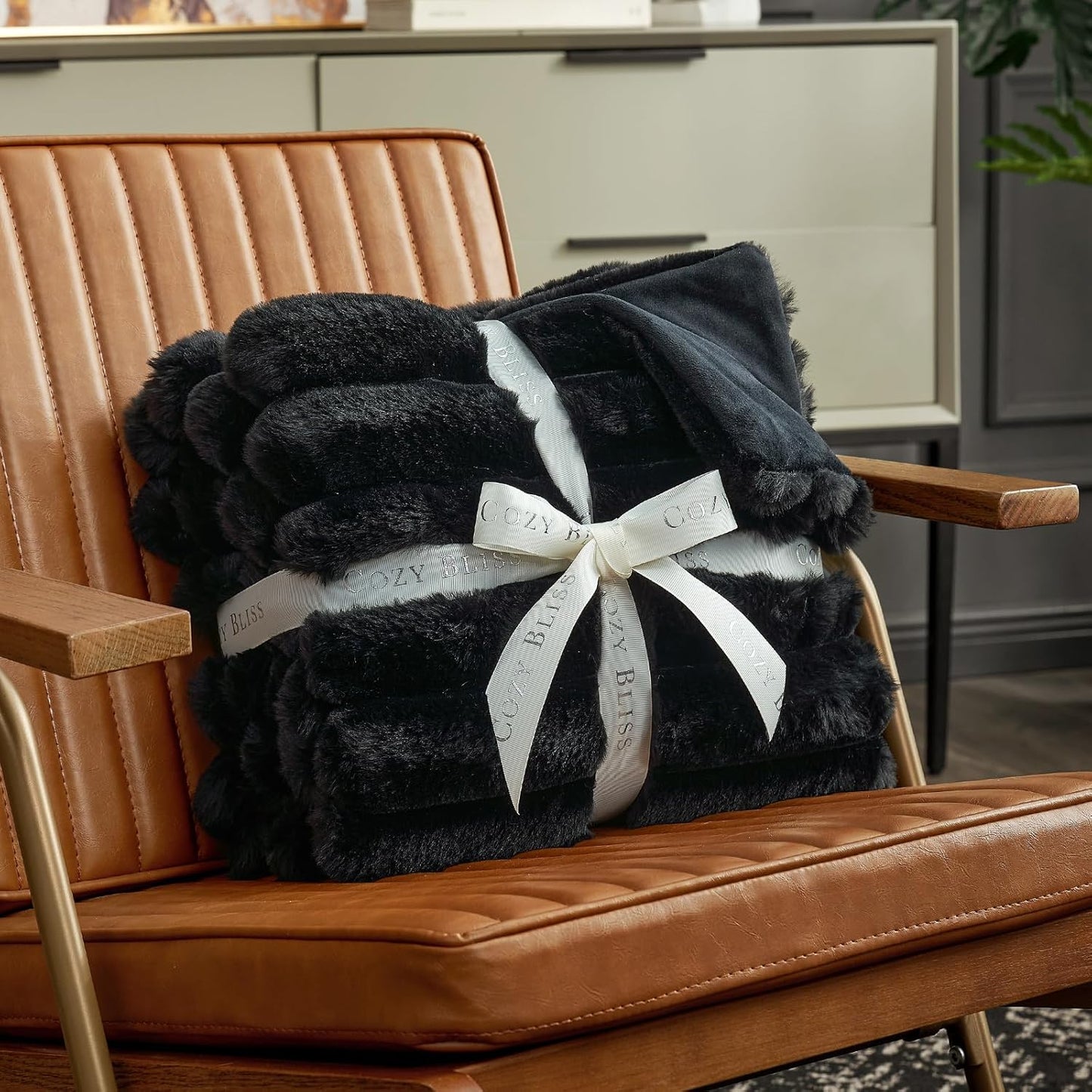 Cozy Bliss Faux Fur Throw Blanket for Couch, Cozy Warm Plush Striped Blanket for Sofa Bedroom