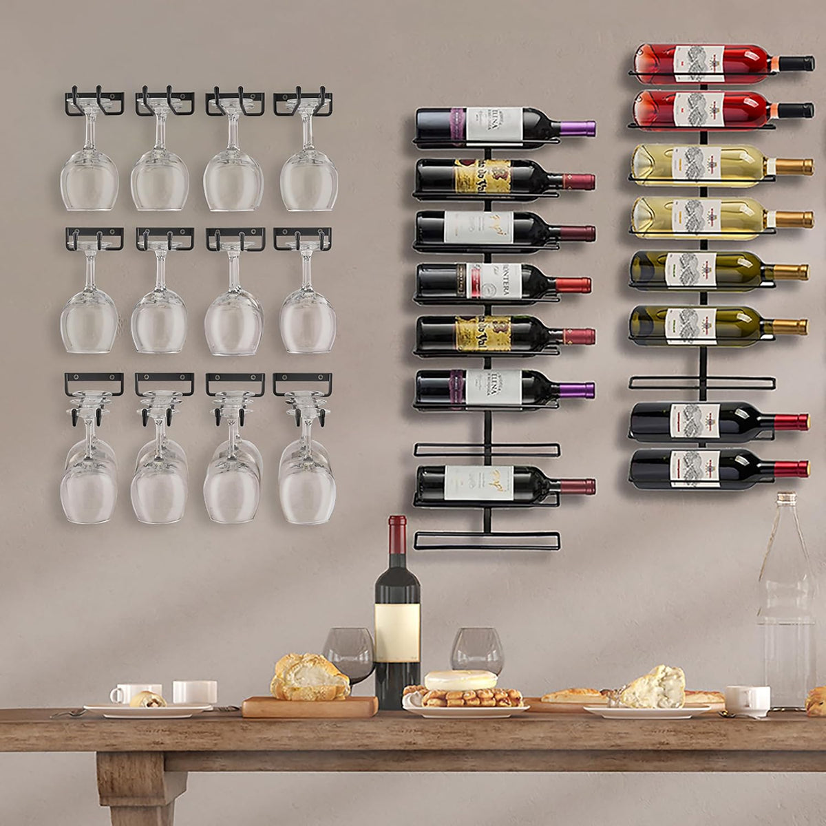 Sorbus Wall Mount Wine Rack + Under Cabinet Wine Glass Holder Set - Wine Rack Wall Mounted for Wine