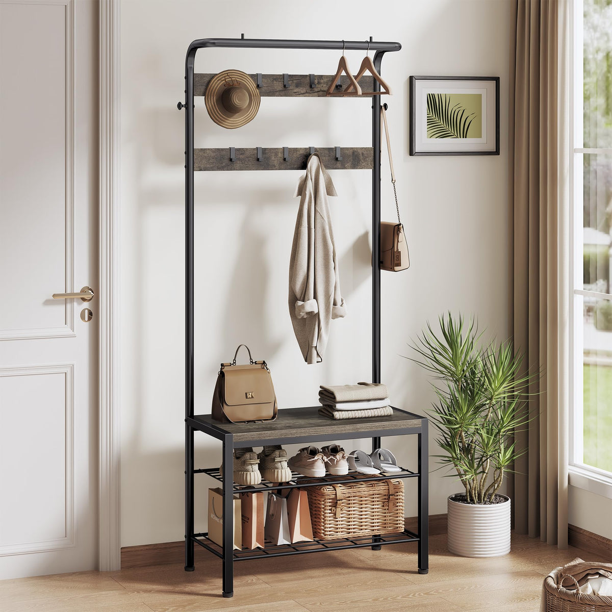NEWBULIG Coat Rack, Hall Tree with Shoe Bench, 4-in-1 Entryway Organizer with 10 Hooks and Storage