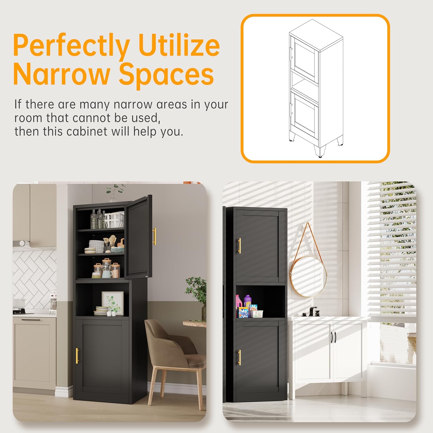 Tall Narrow Storage Cabinet 66.93" H Tall Bathroom Cabinet Metal Pantry Cabinets, 4 Adjustable